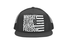 Load image into Gallery viewer, Whiskey Steak Guns &amp; Freedom Trucker Hat