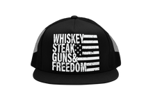 Load image into Gallery viewer, Whiskey Steak Guns &amp; Freedom Trucker Hat