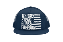 Load image into Gallery viewer, Whiskey Steak Guns &amp; Freedom Trucker Hat