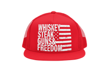 Load image into Gallery viewer, Whiskey Steak Guns &amp; Freedom Trucker Hat