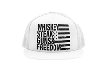 Load image into Gallery viewer, Whiskey Steak Guns &amp; Freedom Trucker Hat